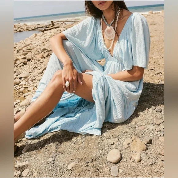 Light Blue V-Neck Maxi Dress - Elegant Tiered Summer Dress - Picture 2 of 5